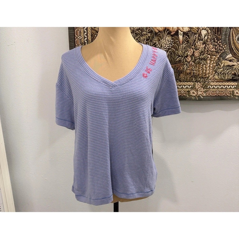 PJ Salvage Shirt Womens Medium Glacier Blue Stripe SS Leo Tee Be Happy V Neck
